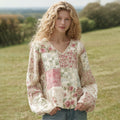 Women's Retro Floral Patchwork Pattern Linen V-neck T Shirt