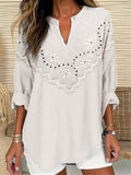 Comstylish Floral Embroidered Lace Hem Linen Blend Tunic