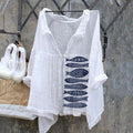 Comstylish Vintage Japanese Art Fish Linen V Neck Button Comfy Shirt