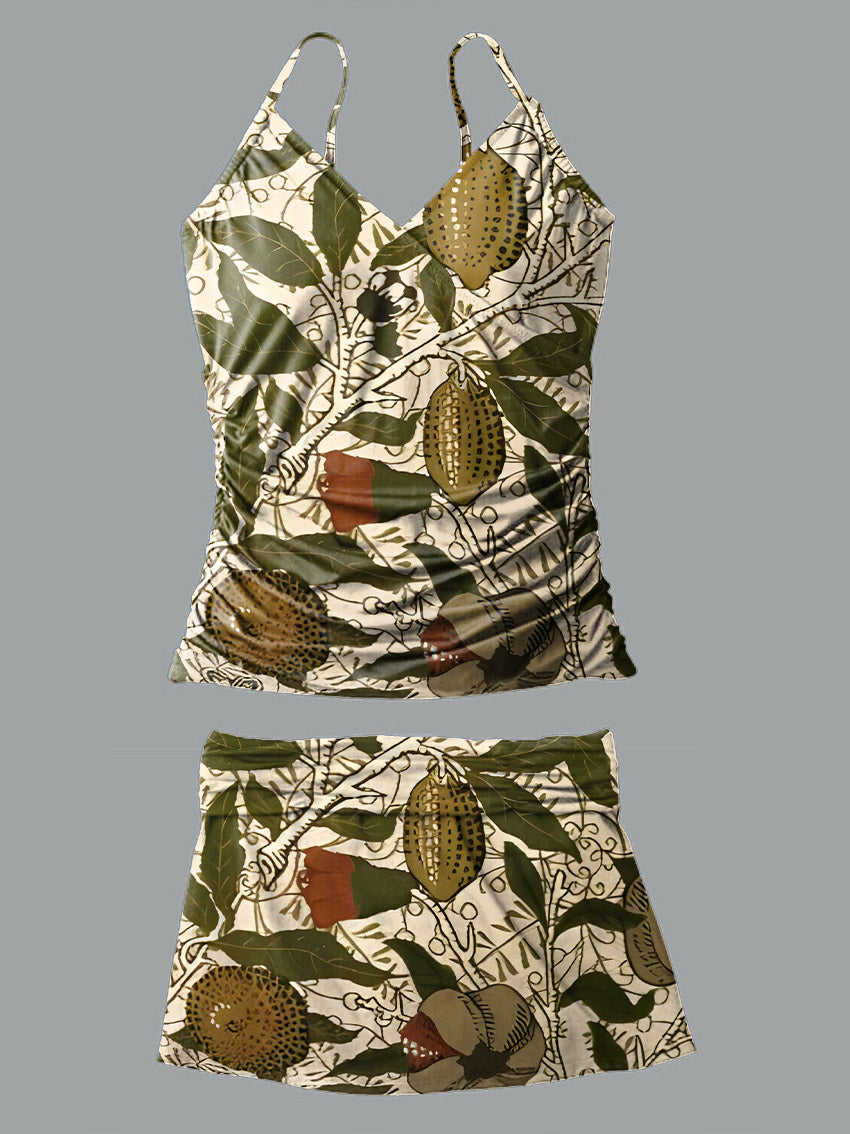 V-Neck Vintage Ethnic Floral Art Print Suspender Skirt Tankini Pantskirt Set Swimsuit