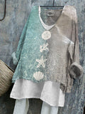 Comstylish Starfish & Sea Shells Lino Art Seaside Contrast Linen Tunic