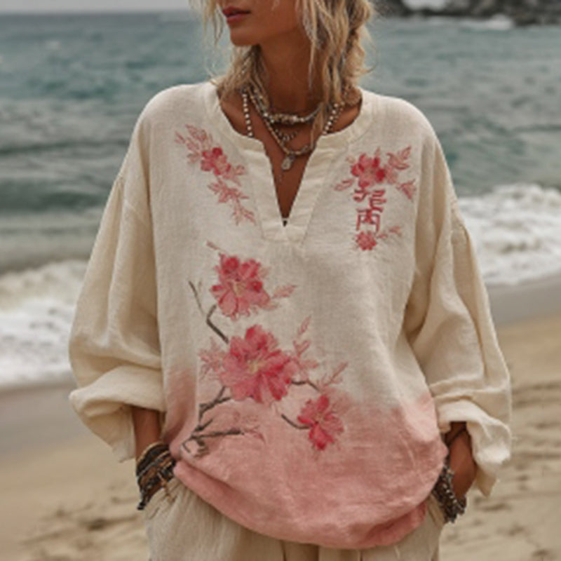 Vintage Pink Floral Gradient Pattern Linen Long Sleeve Comfy T-shirt artswardrobe