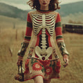 Comstylish Women's Vintage Skull Rib Flower Pattern Color Block Knit Mini Dress