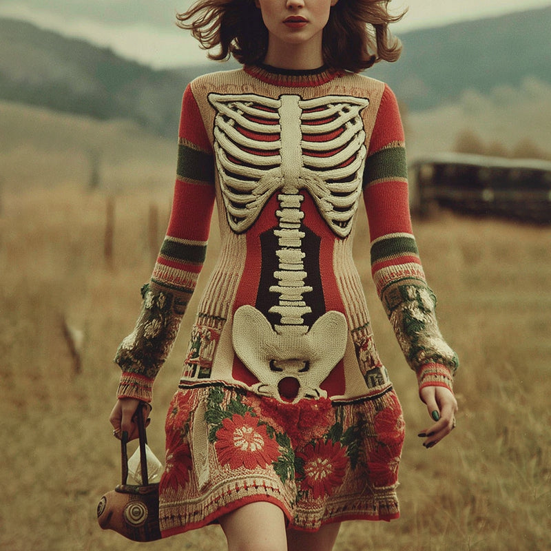 Comstylish Women's Vintage Skull Rib Flower Pattern Color Block Knit Mini Dress