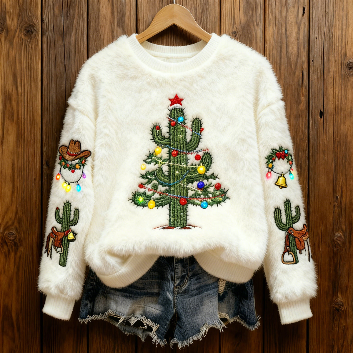 Comstylish Warm Crew Neck Sweater With Cactus And Christmas Tree Pattern