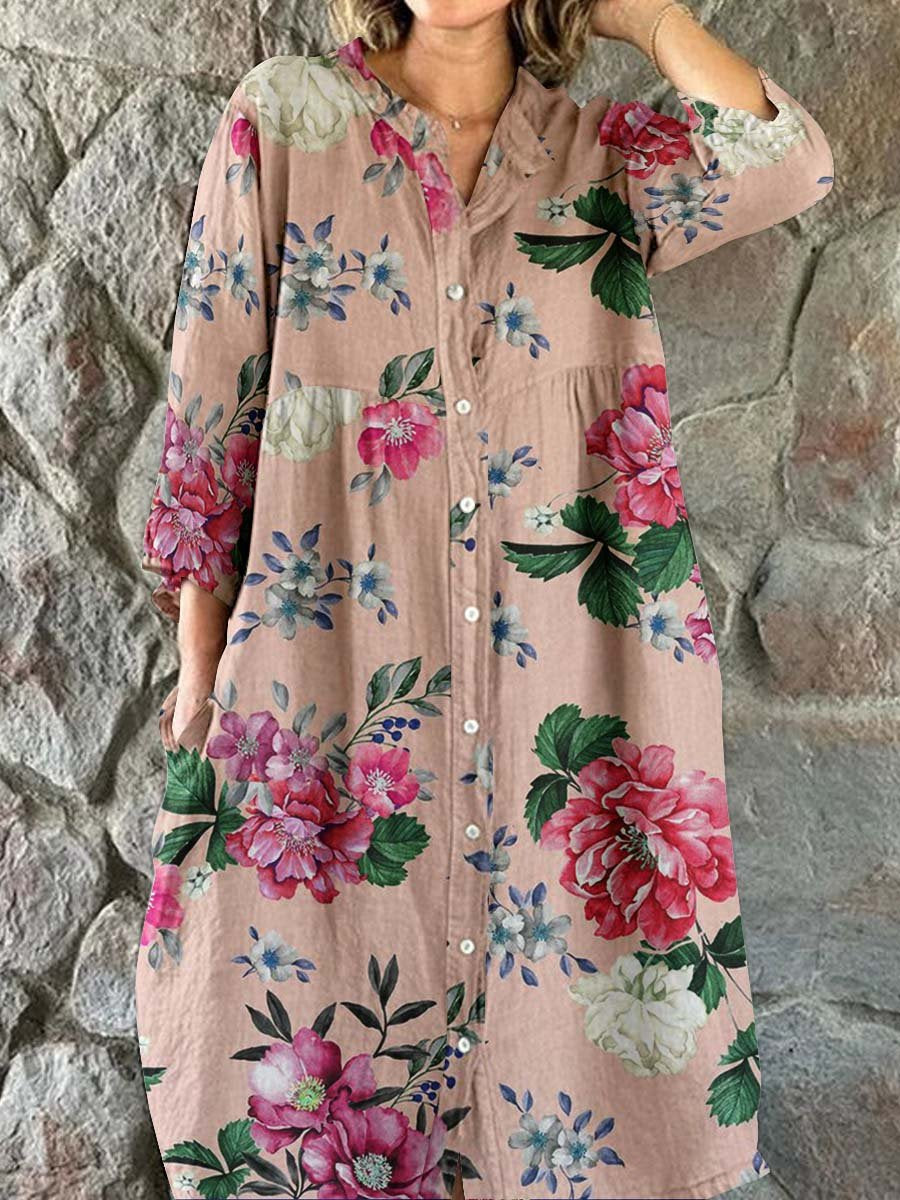 Women's Elegant Vintage Floral Print Shirt Style Cotton and Linen Dres
