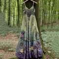Classy Gradient Purple Lavender And Floral Embroidered Linen Suspender Long Dress artswardrobe