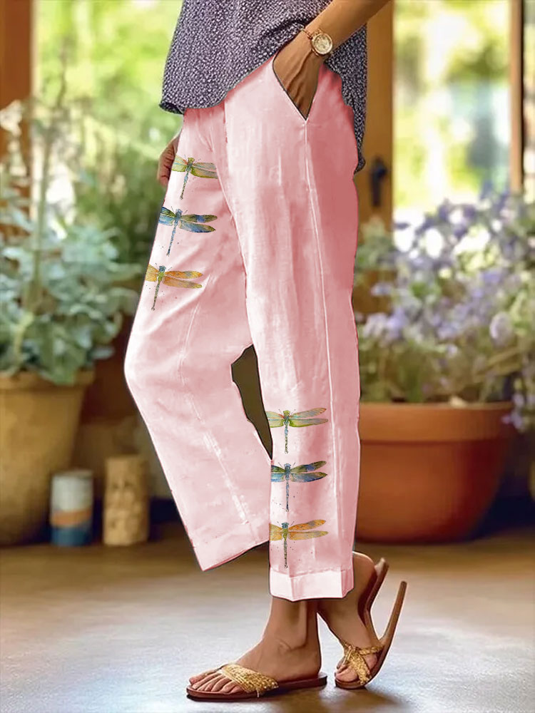 Comstylish Women's Watercolor Dragonfly Print Casual Pants
