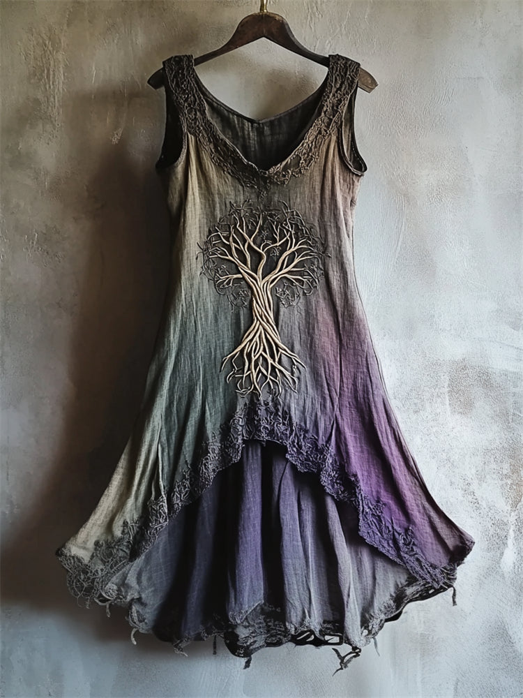 Vintage Tree Of Life Lace Hem Gradient Dyed Linen Dress artswardrobe