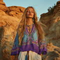 Vintage Boho Bohemian Ethnic Color Block Patchwork Linen V-neck Tunic artswardrobe