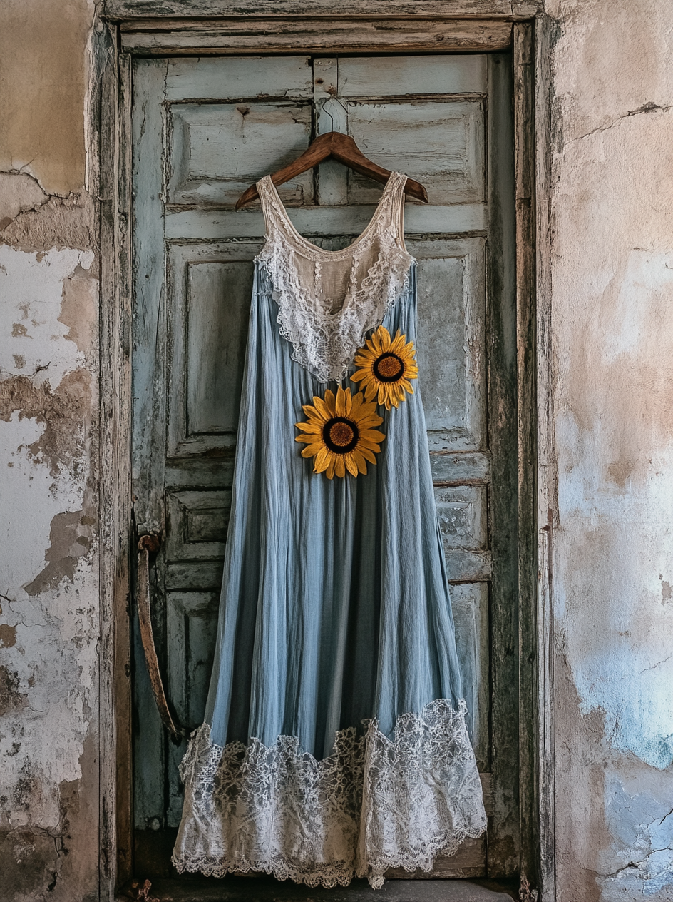 Boho Sunflower Embroidered Pattern Lace Patchwork Art Linen Dress artswardrobe