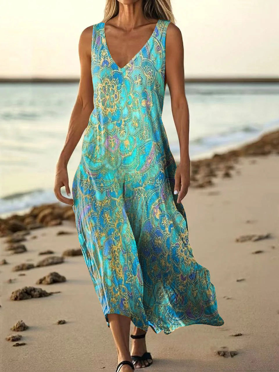 Women's Ethnic Totem Art Print Pocket V Neck Cotton Dress