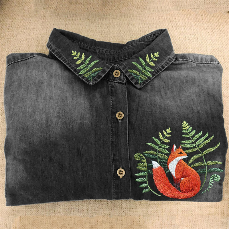 Comstylish Forest Fox & Fern Embroidered Washed Denim Blouse