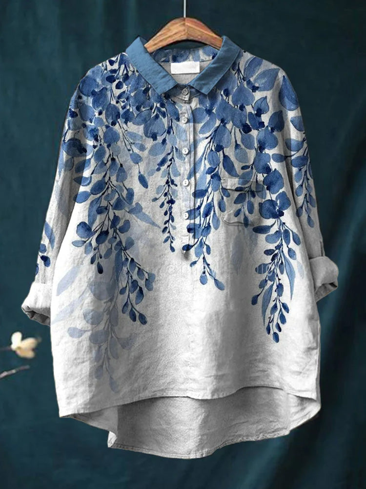 Comstylish Women's Casual Blue Floral Printed Cotton Shirt