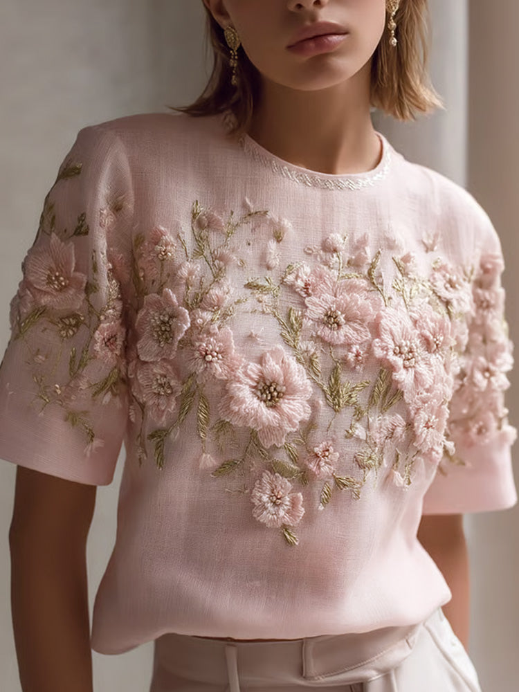 Comstylish Women's Retro Pink Floral Embroidery Art Print Crew Neck Short Sleeve T-shirt