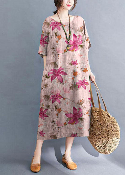 Handmade Pink Flowers O-neck Patchwork Summer Vacation Dresses Half Sleeve