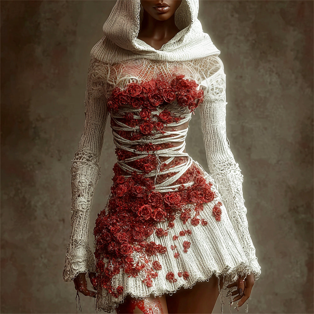 Comstylish Halloween Bandage & Floral Art Women's Knit Hooded Mini Dress