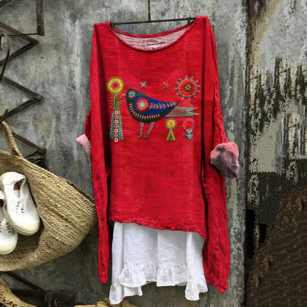 Women's Floral And Bird Embroidery Art Cotton And Linen Shirt artswardrobe