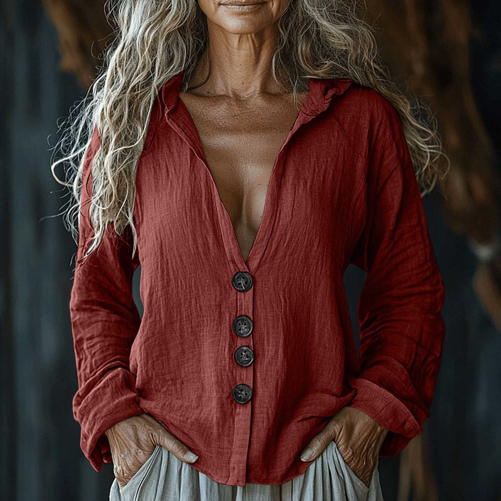 Comstylish Women's Vintage Solid Color V-neck Linen Shirt