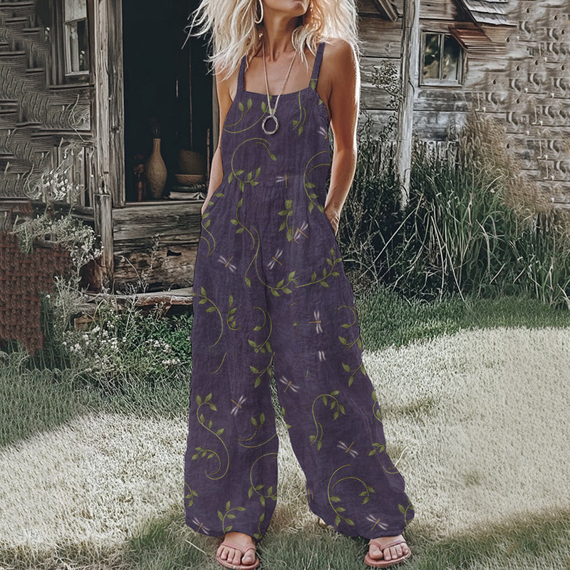 Women's Floral And Dragonfly Linen Print Cotton Linen Jumpsuit artswardrobe