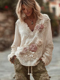 Comstylish Women's Vintage Cotton And Linen Floral Long-sleeved Top