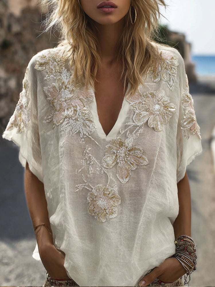 Bohemian Floral Sequin Vintage White Thin Vintage Chain-embroidered V-neck Short-sleeved Shirt artswardrobe
