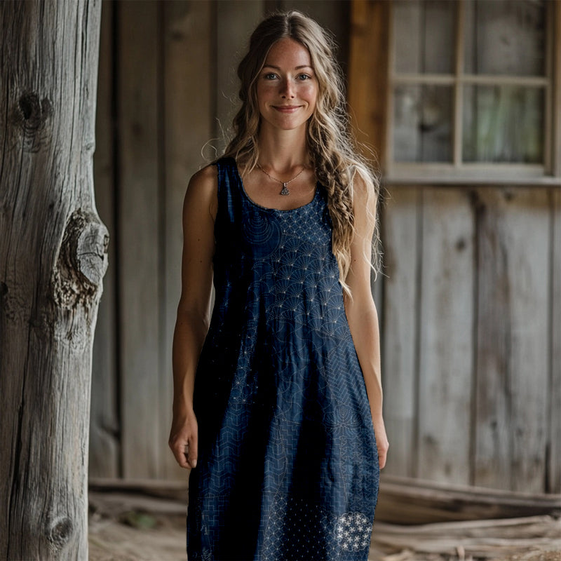 Comstylish Japanese Traditional Sashiko Art Linen Maxi Dress