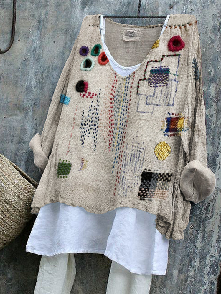 Colorful Embroidered Japanese Sashiko Art Linen Blend Tunic artswardrobe
