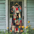 Comstylish Vintage Cat Floral Patchwork Art Linen Maxi Dress
