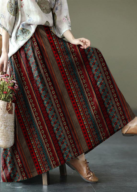 Green Print Ramie Elastic Waist Skirt
