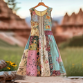 Women's Vintage Floral Applique Art Sleeveless Dress artswardrobe
