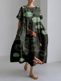 Comstylish Japanese Koi Pond Art Linen Blend Cozy Maxi Dress