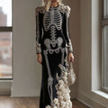 Comstylish Women's Gothic Style Rose Skeleton Velvet Round Neck Maxi Dress