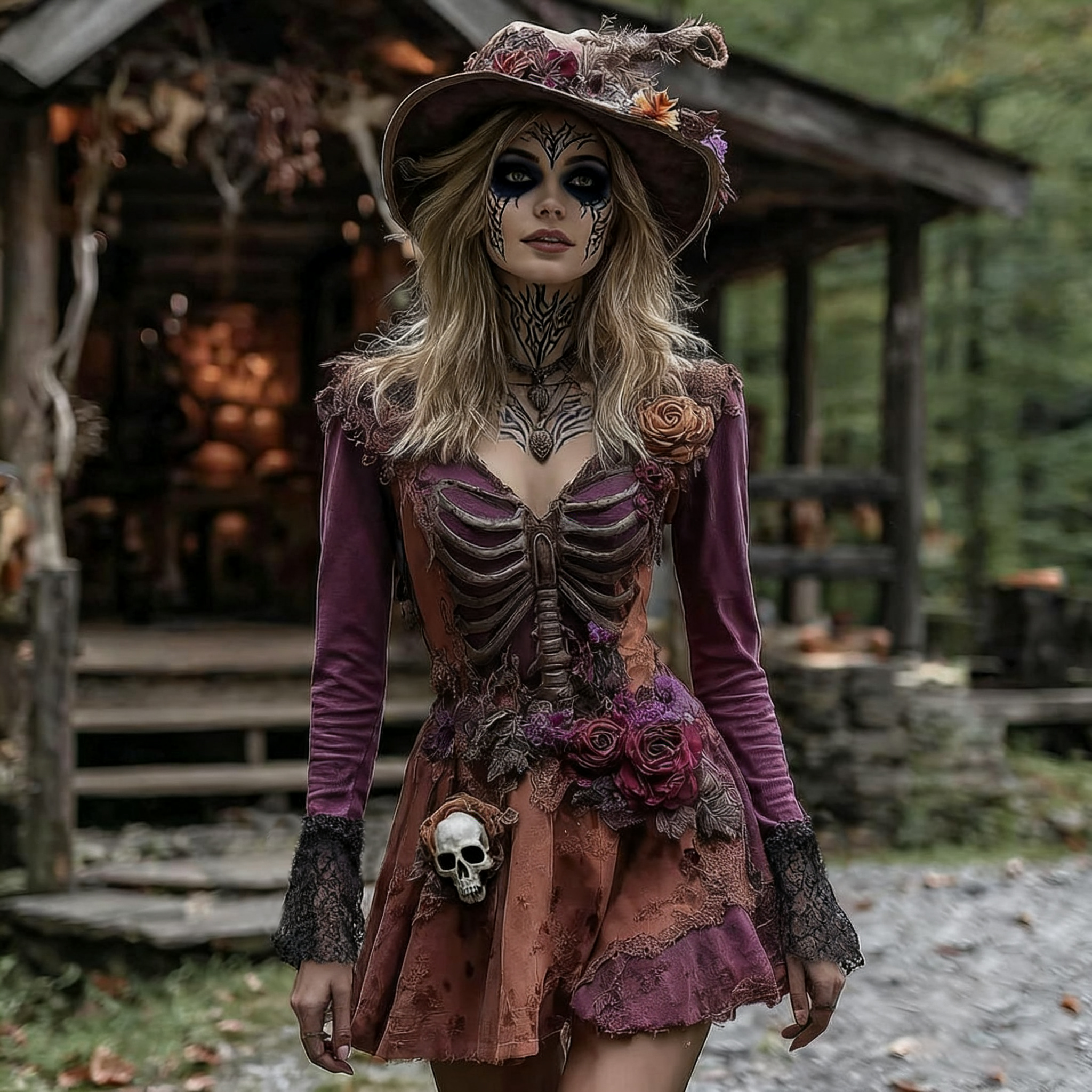 Comstylish Halloween Rose Skeleton Witch Cosplay Midi Dress