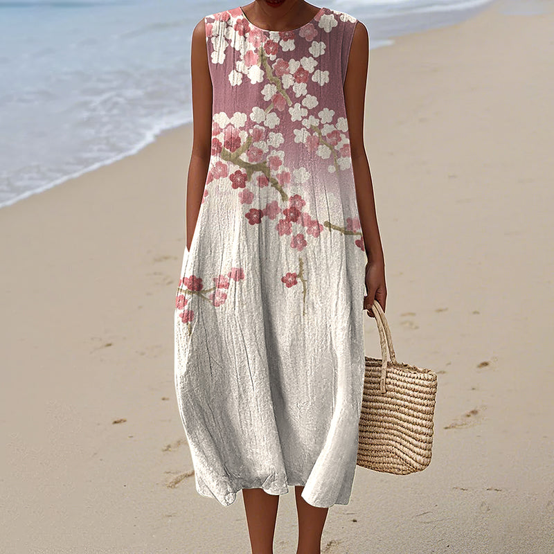 Vintage Cherry Blossom Gradient Art Linen Midi Dress artswardrobe