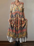 Women's Vintage Ethnic Art Patterns Print Button Pocket Cotton Dress