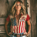 Comstylish Vintage Western Sequined Floral Embroidered Stripe Printed Women's Linen Short Sleeve Shirt