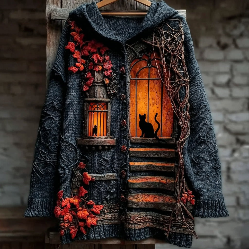 Comstylish Women's Halloween Little House Cat Art Knitted Button Sweater Cardigan