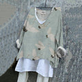 Comstylish Japanese Art Crane Print V-Neck Loose Blouse