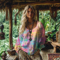 Women's Vintage Bohemian Tie-dye Art Linen Casual T-shirt artswardrobe