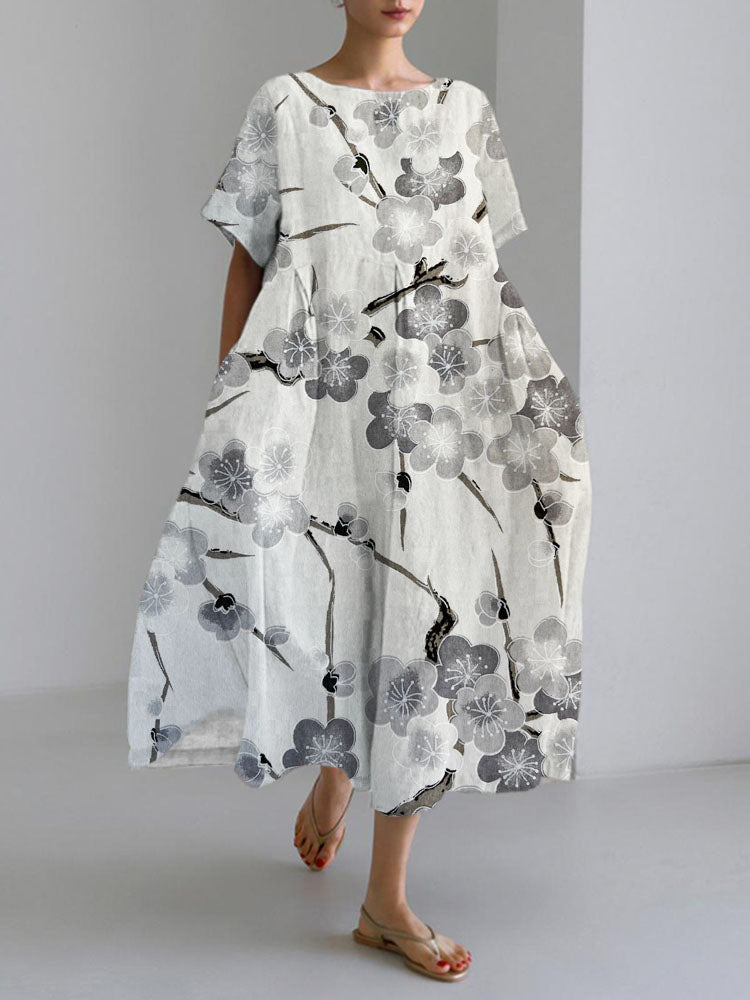 Comstylish Japanese Plum Art Print Linen Blend Maxi Dress