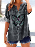 Women's Retro Hippie Peace Heart Art Print Casual Short Sleeve Cotton