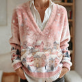 Comstylish Christmas Snowy Village Pattern V Neck Plush Sweatshirt