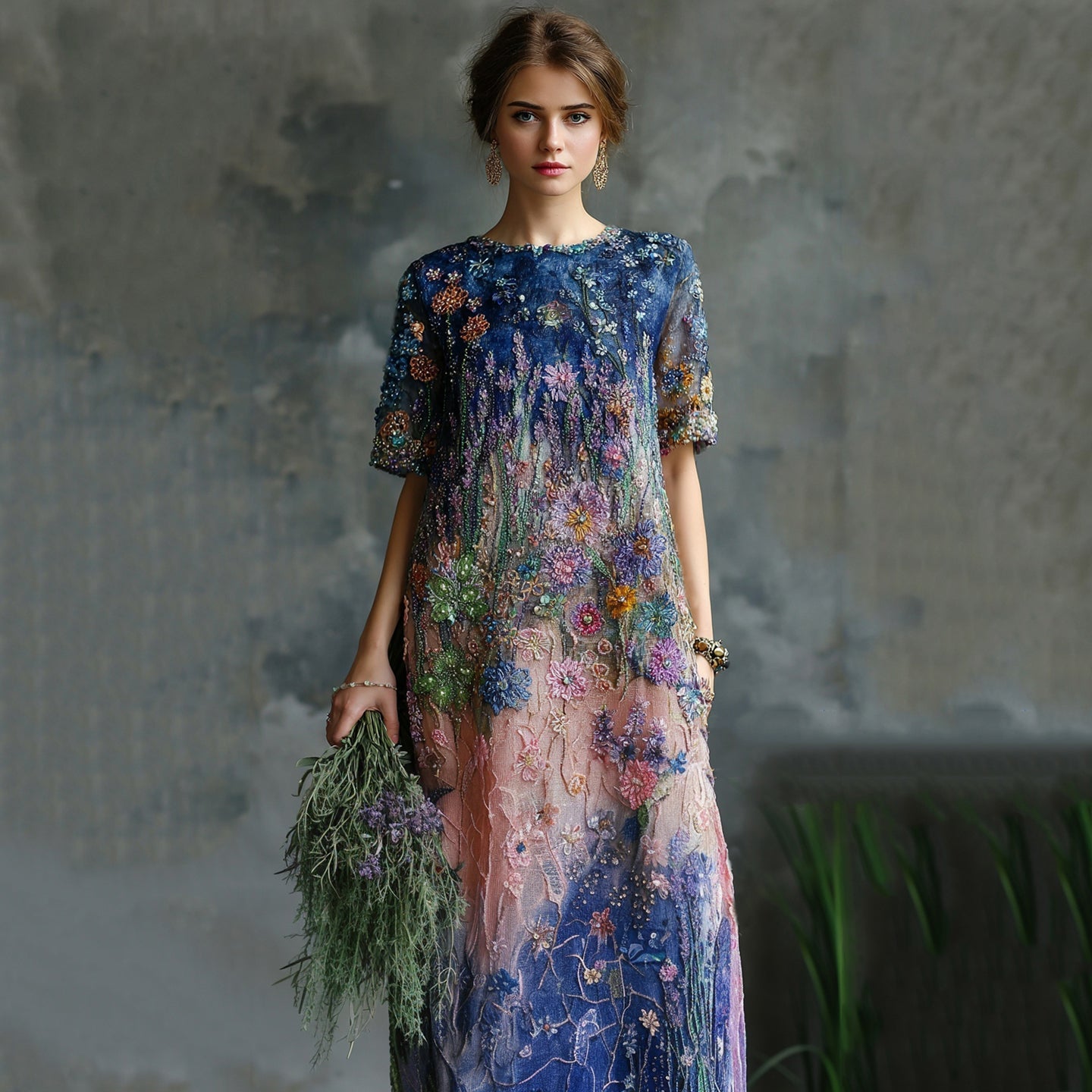 Women's Elegant Oil Painting Floral Sequined Maxi Dress