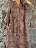 Women's Perez Pattern Floral Print Shirt Style Cotton and Linen Dress