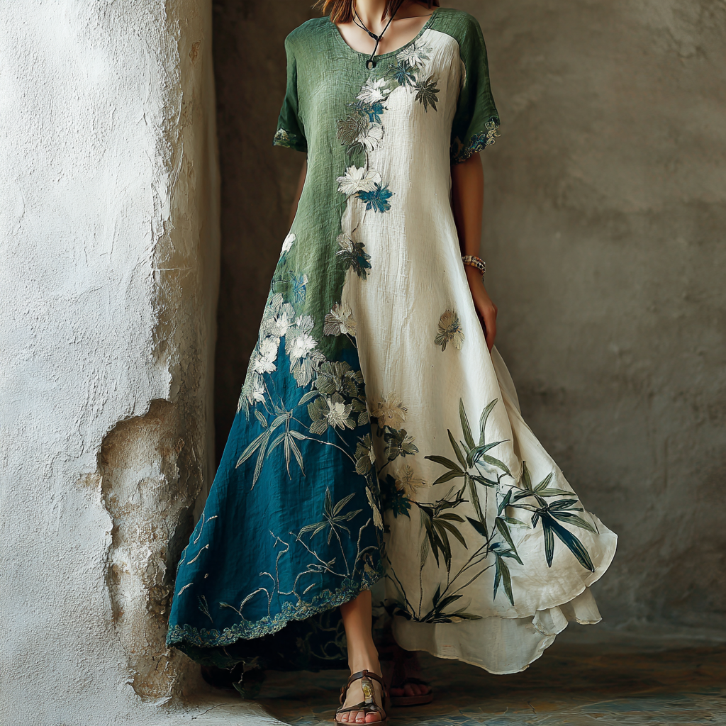 Comstylish Women's Vintage Oil Painting Flowers And Bamboo Leaves Art Round Neck Dress