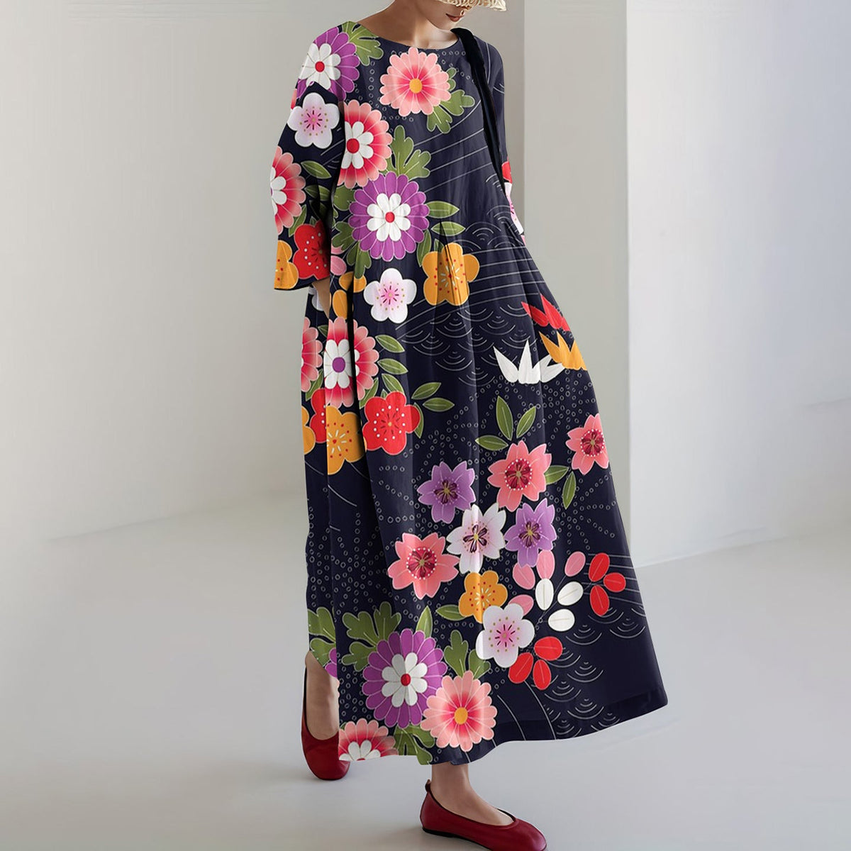 Comstylish Japanese Art Flower Print Casual Loose Midi Dress