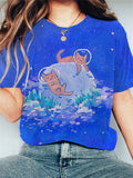 Women's Casual Dream Cat Watercolor Painting Print T-shirt elevenforest