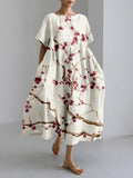 Comstylish Vintage Cherry Blossom Art Linen Blend Maxi Dress