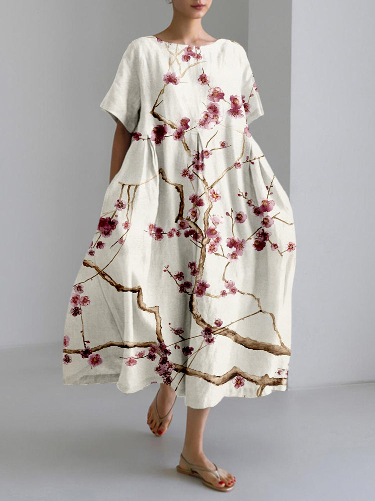 Comstylish Vintage Cherry Blossom Art Linen Blend Maxi Dress